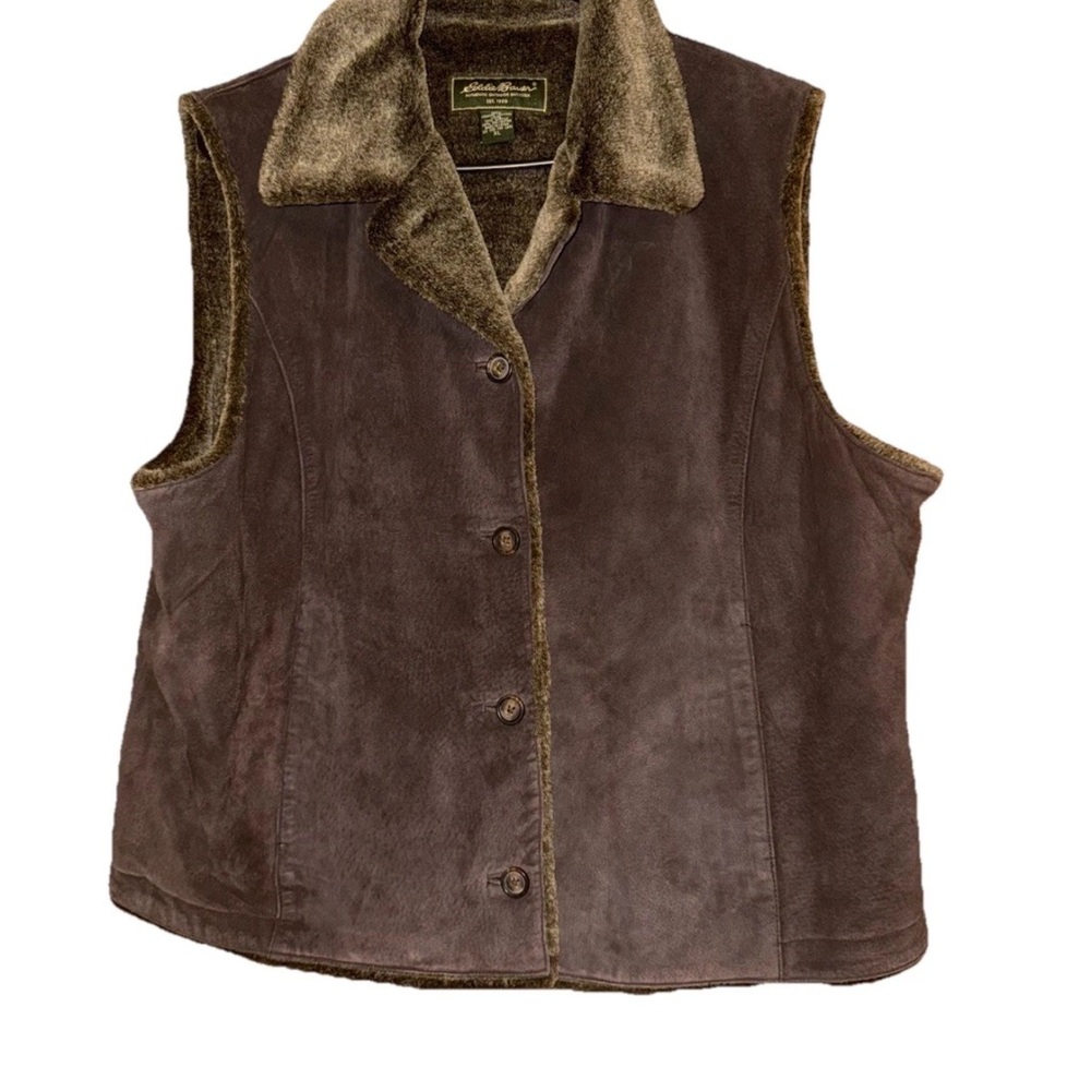 Eddie Bauer Brown Corduroy Vest Faux Fur Collar